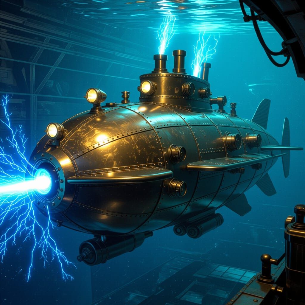 Victorian Submarine Emitting Electric Sparks in Industrial S...