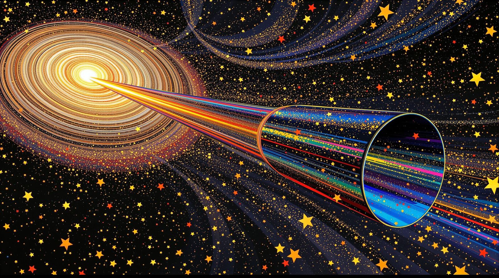 Interstellar Cylinder in Golden Starfield, Klimt Style