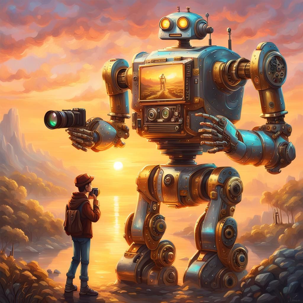 Robot Captures Sunrise in Ethereal Digital Painting