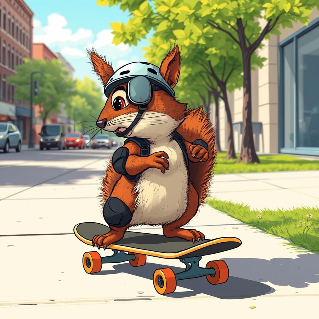 Squirrel Skateboarder in Vibrant Urban Landscape