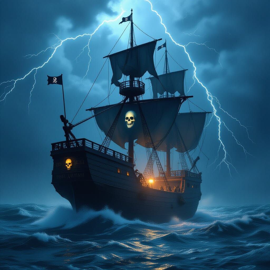 Ghostly Pirate Ship in Stormy Seas