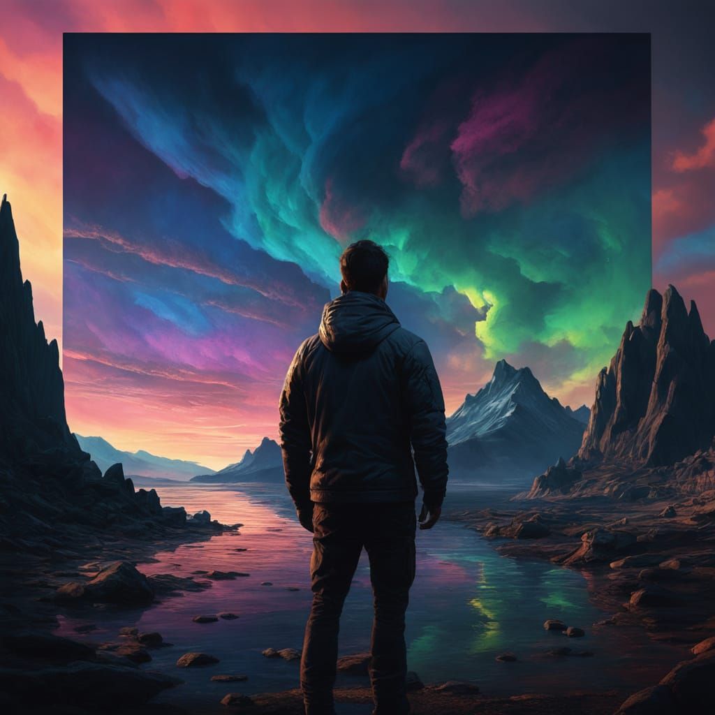 Surreal Oil Painting of a Figure in a Dreamlike Landscape