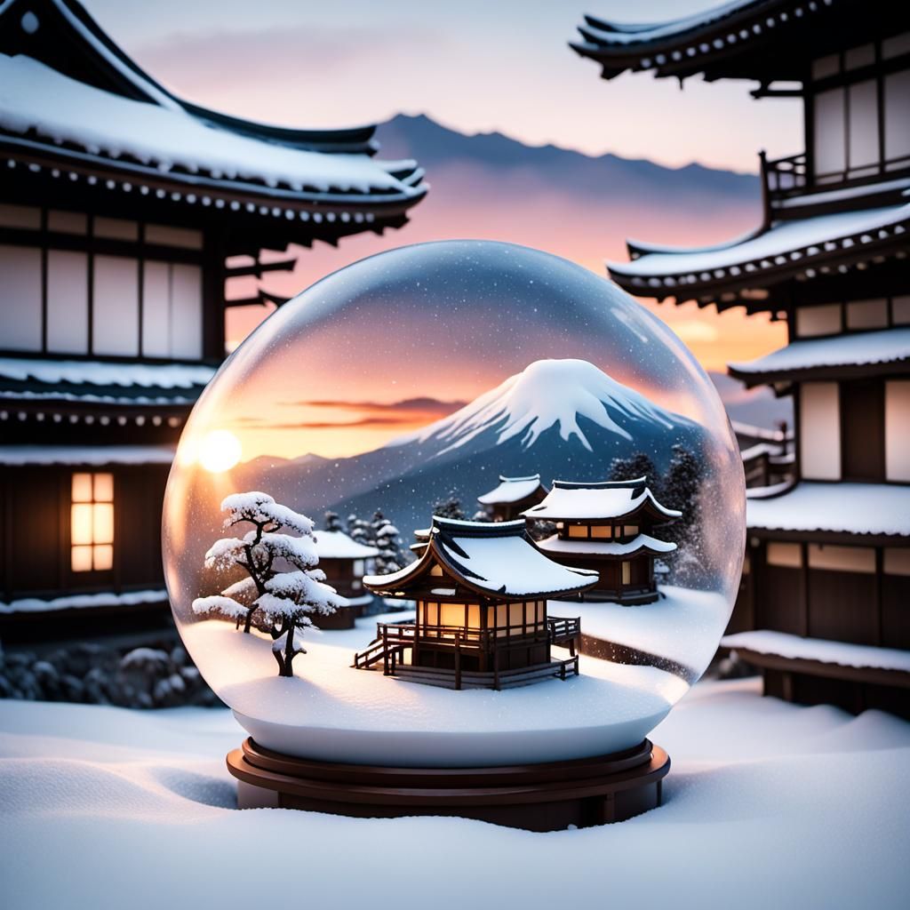 Snow Globe with Japanese Village at Sunset
