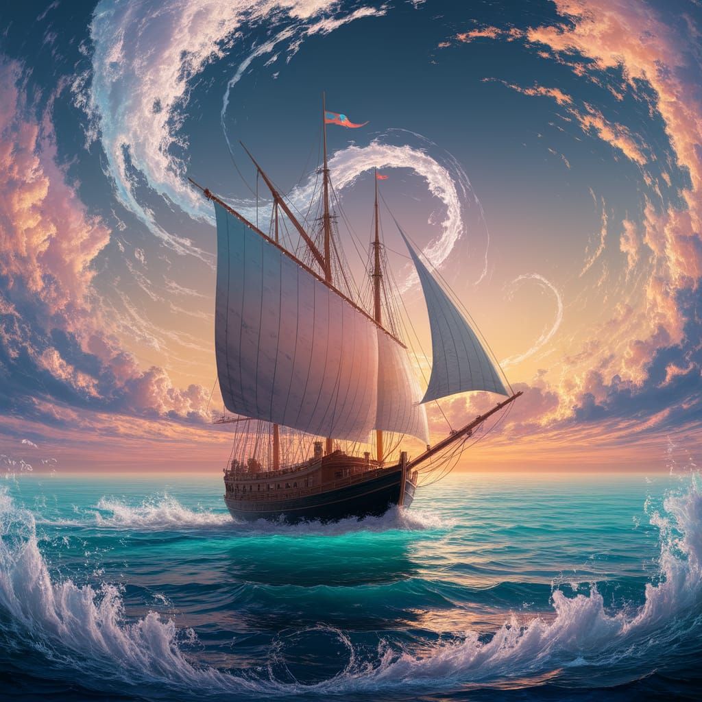 Sailboat on Turquoise Sea in Dreamlike Style