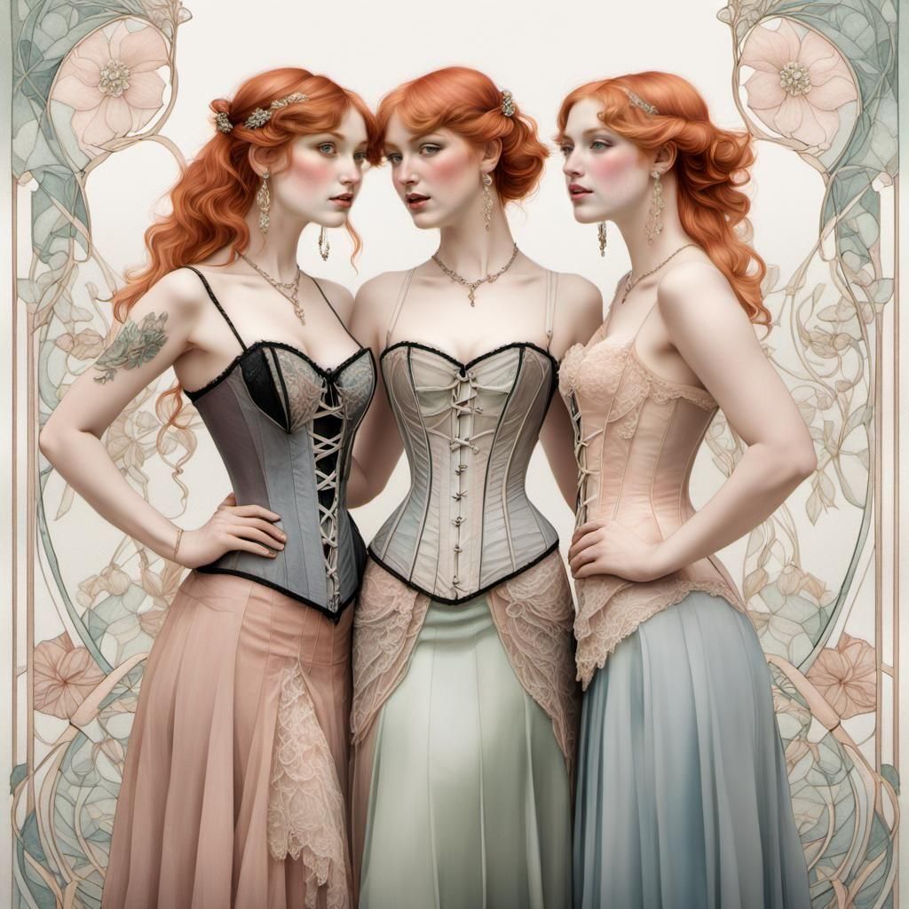 Historical Beauty: Two Girls in Fine Line Art