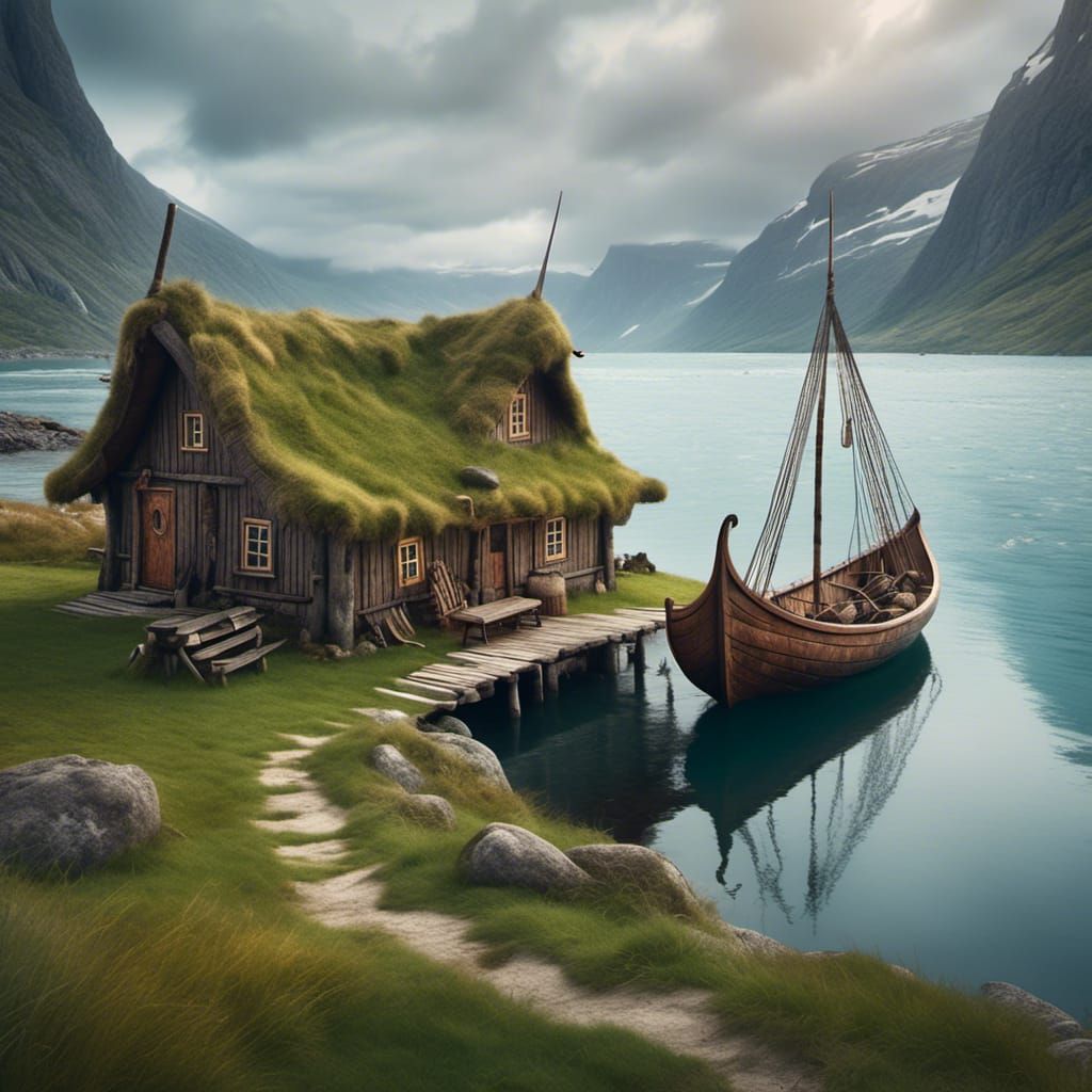Viking House Beside Fjord in Hyperreal Style