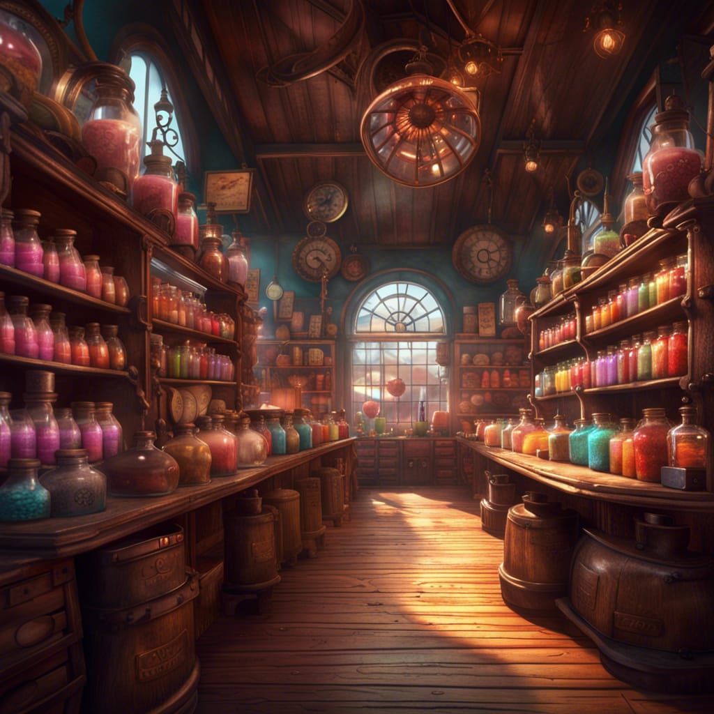 Steampunk Candy Shop Interior: Fantasy Concept Art