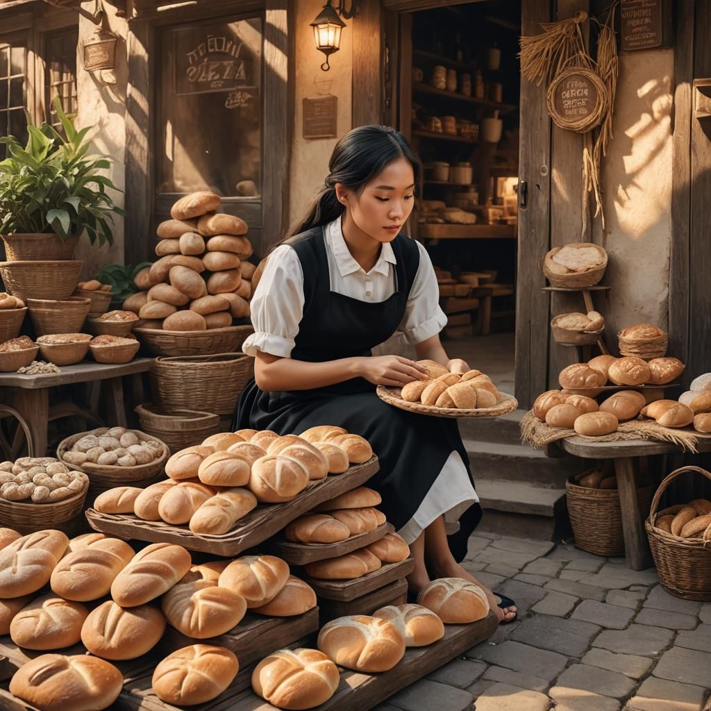 Thai Woman Baking Bread in Rustic Bakery