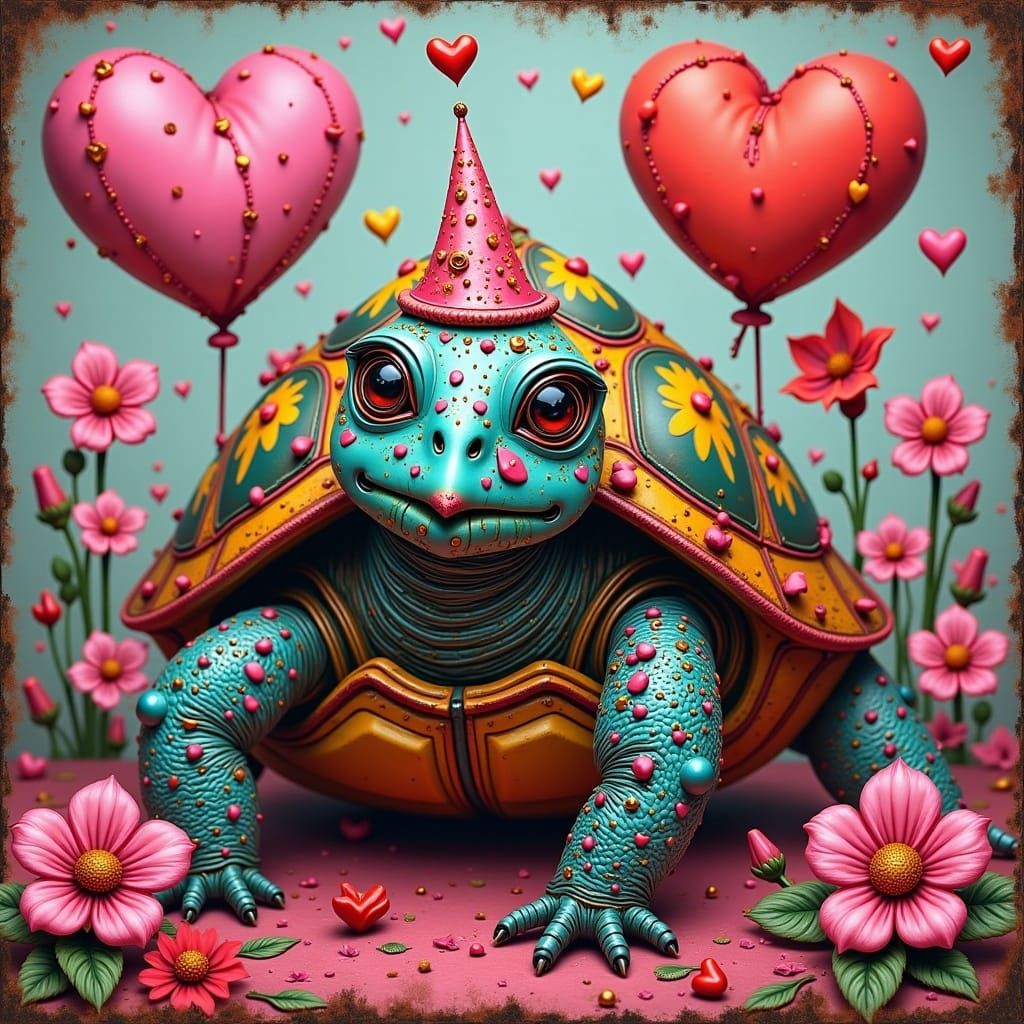 Surreal Valentine's Day Scene with Whimsical Metal Turtle Ch...