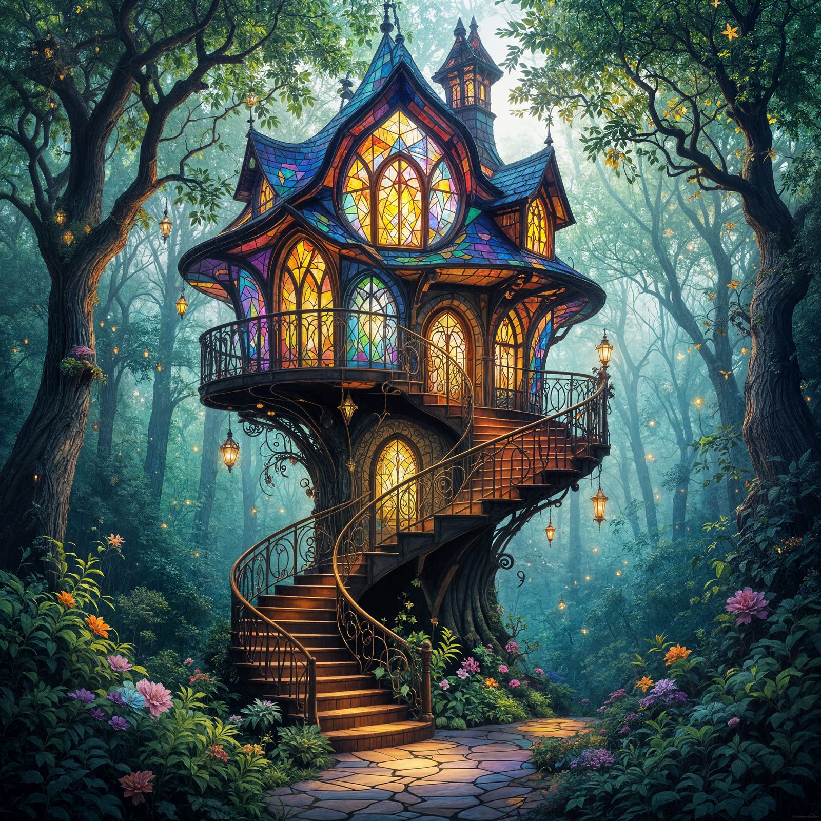 Colorful Stained Glass Treehouse in Enchanted Forest