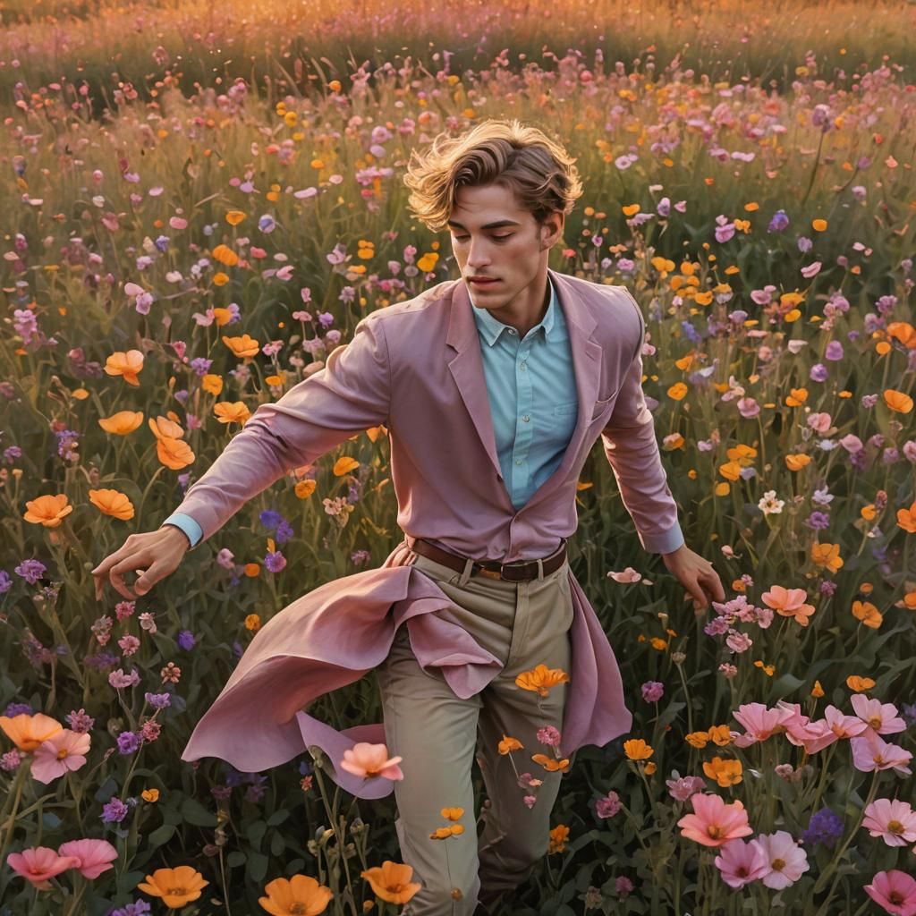 Surreal Portrait of Man Dancing in Flower Field