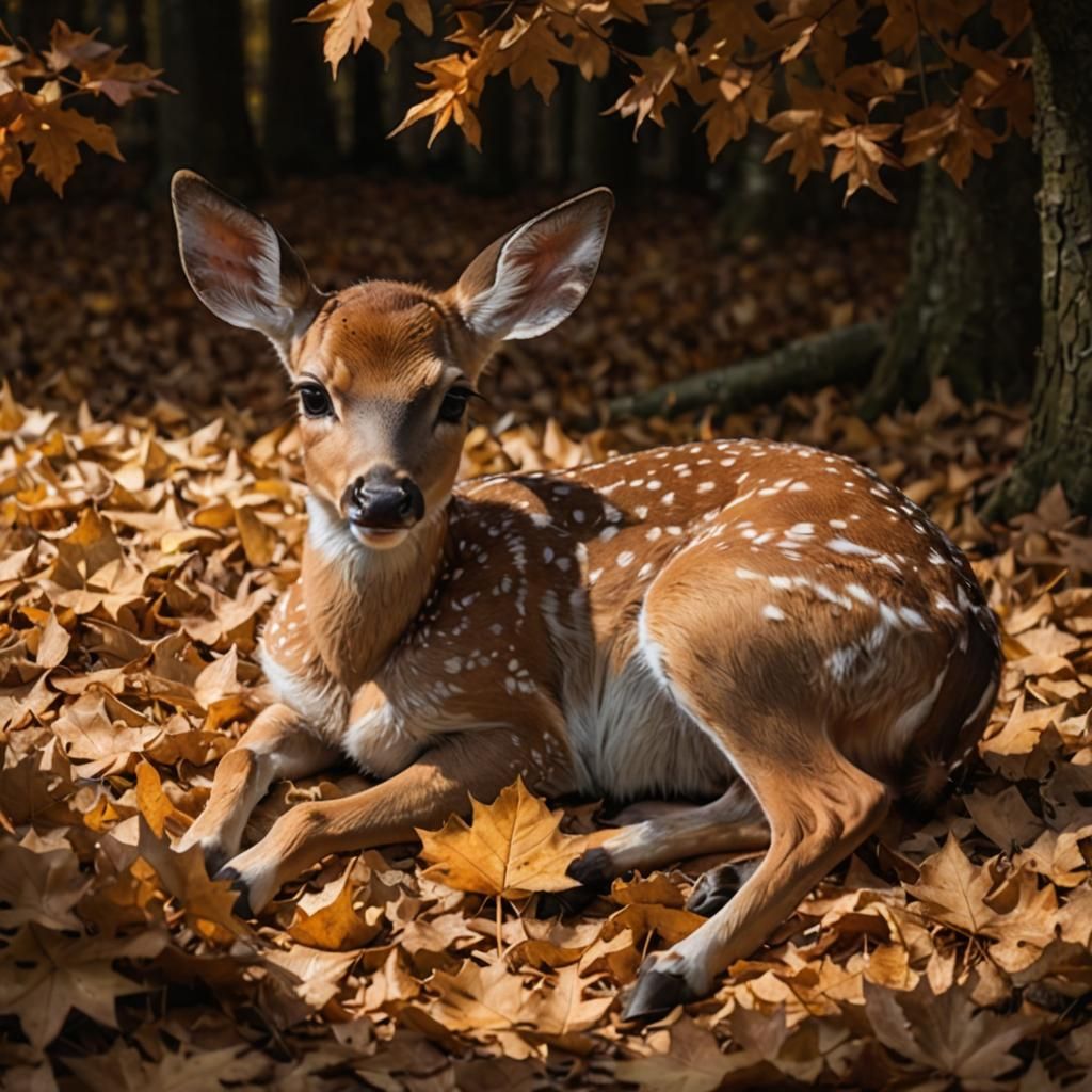Fawn Resting in Autumn Leaves: Photorealistic Image