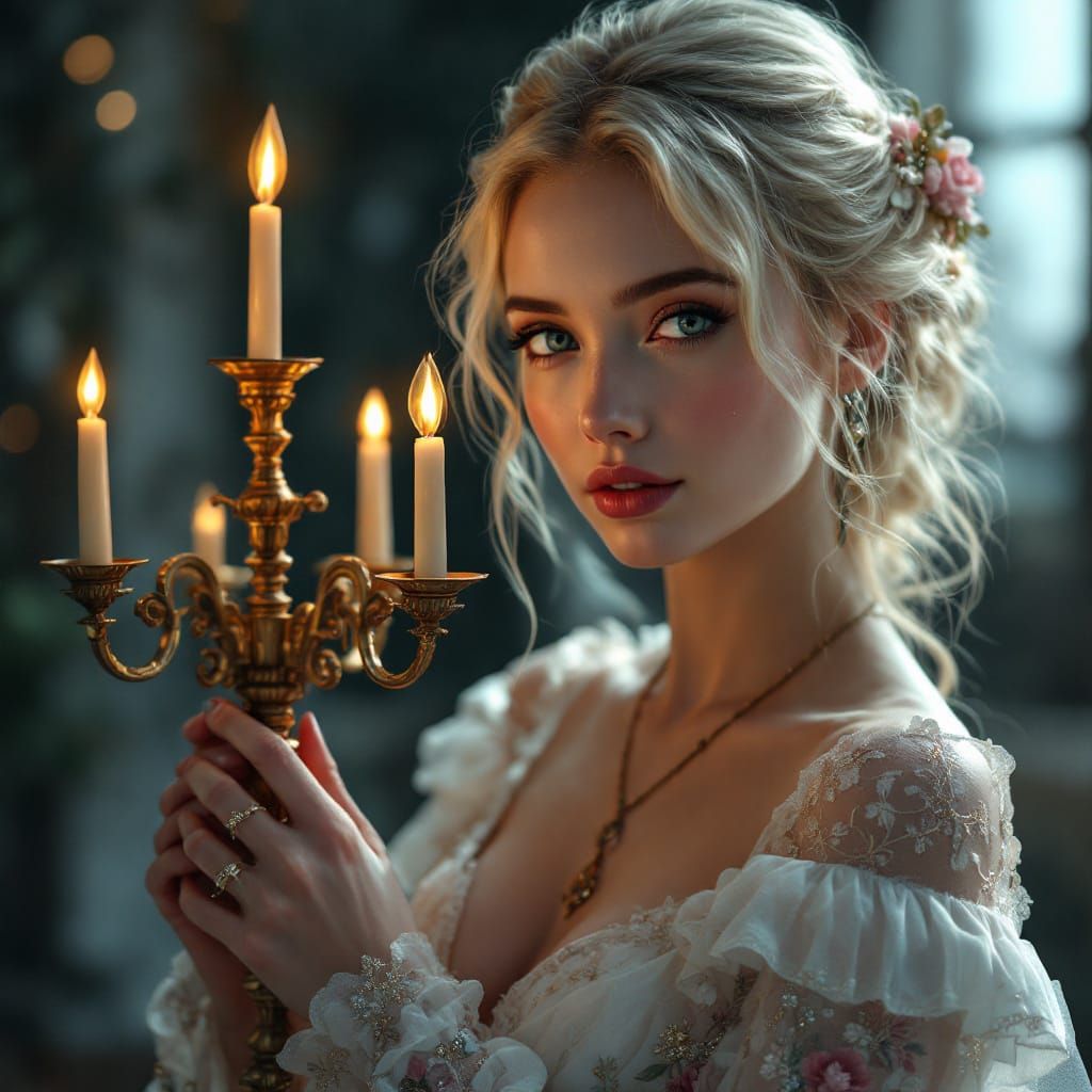 Ethereal Blonde Woman Beside Candelabrum, Digital Art