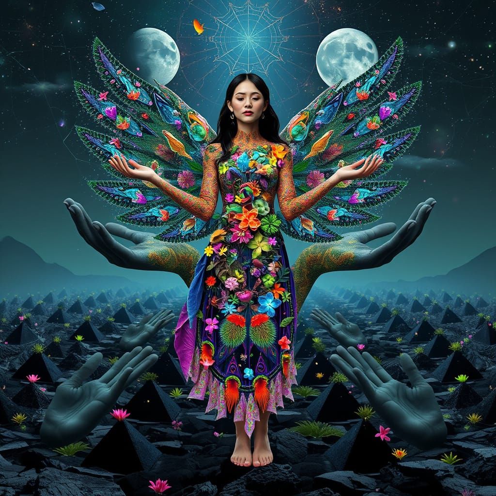 Ethereal Bio-Art Goddess in Vibrant Landscape