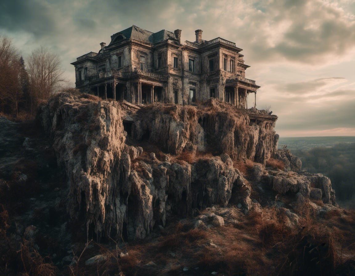 Macabre Stone Mansion at Magic Hour