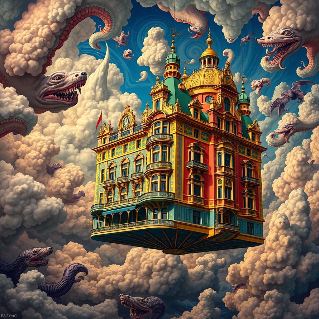 Futuristic Palazzo Suspended in Vibrant, Dreamlike Sky