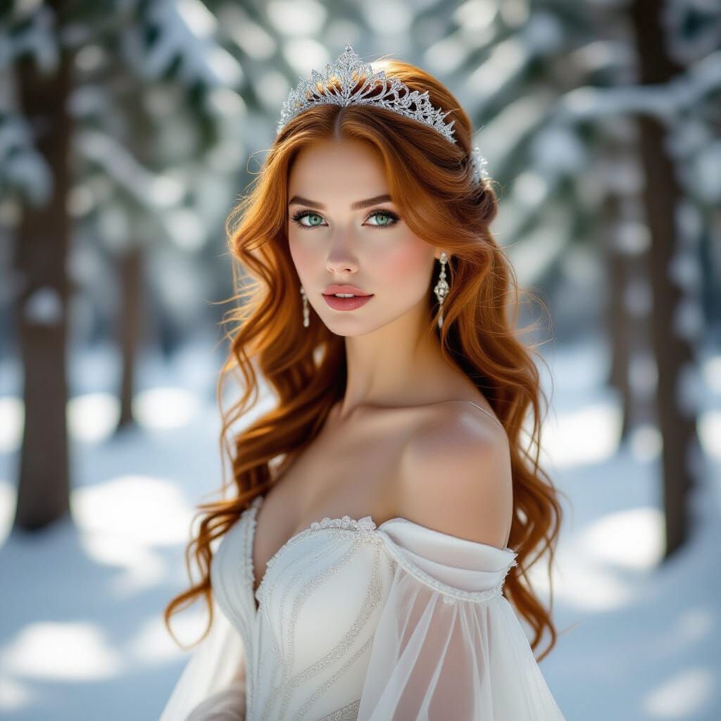 Romantic Woman in Snowy Forest, Pre-Raphaelite Style