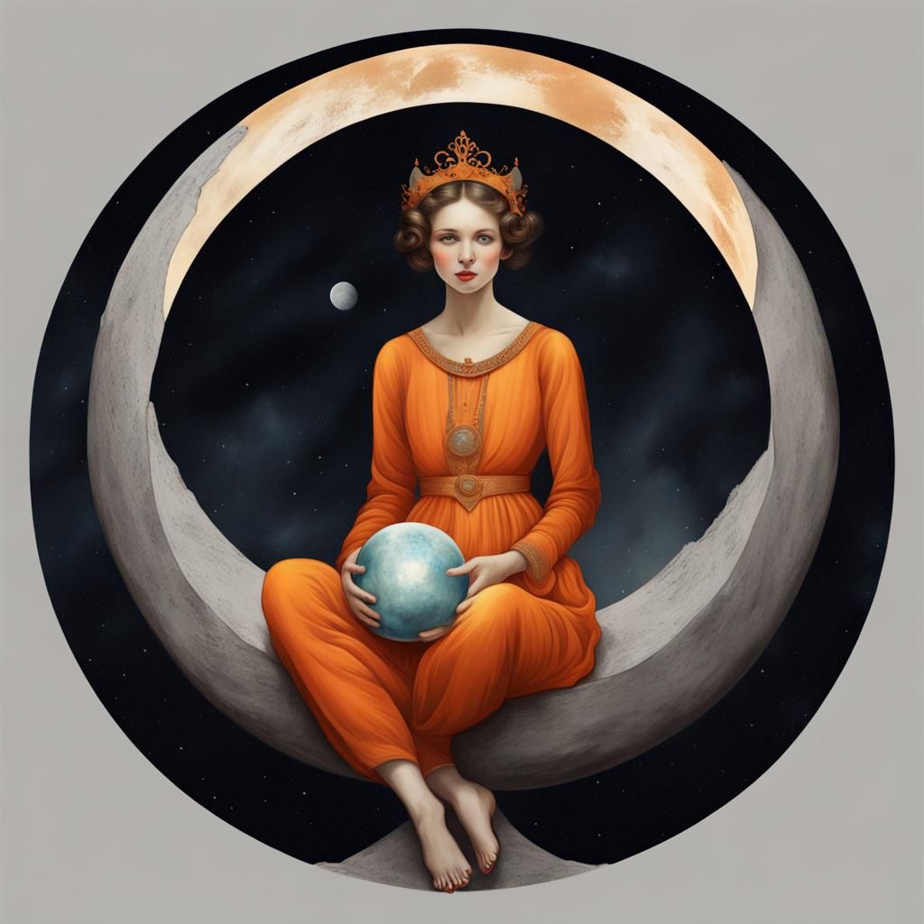 Woman on Moon with Halo: Digital Vintage Art