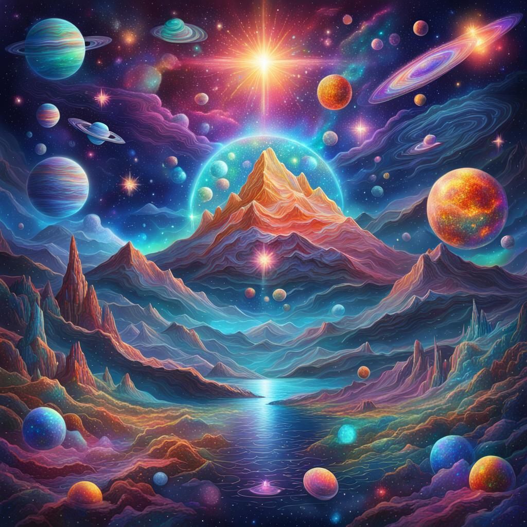 Holographic Astral Cosmic Illustration in Mixed Media