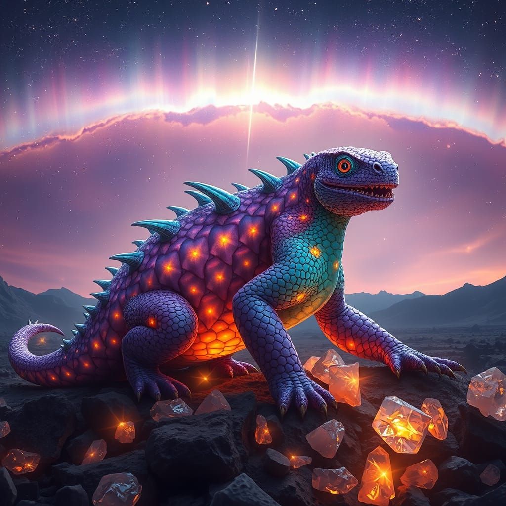 Gila Monster Basking Under Nebula Sky in Cosmic Art