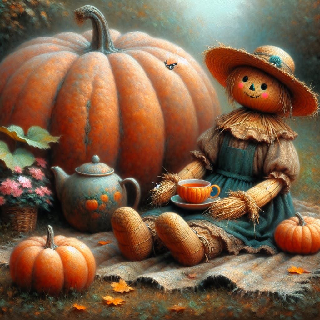 Scarecrow Doll's Pumpkin Tea Party: Post-Impressionist Oil P...