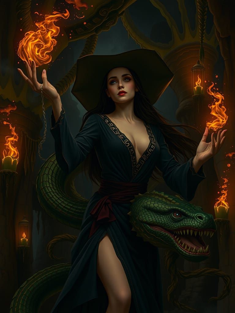 Sorceress Conjures Serpent in Dark Cavern