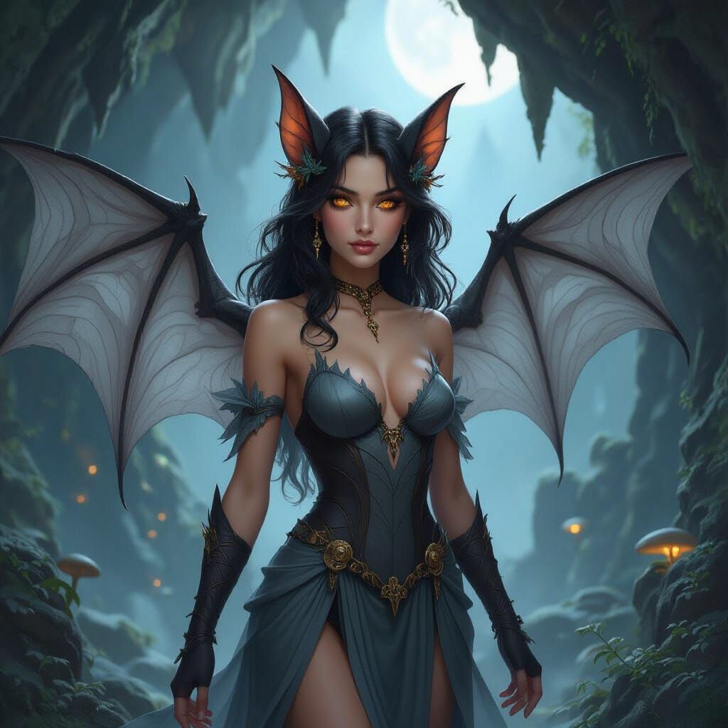 Demigoddess of Nature: Bat-Hybrid with Moonlit Wings