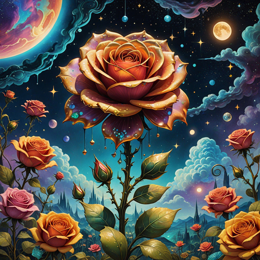 Mechanical Rose Blooms in Whimsical Cosmic Garden