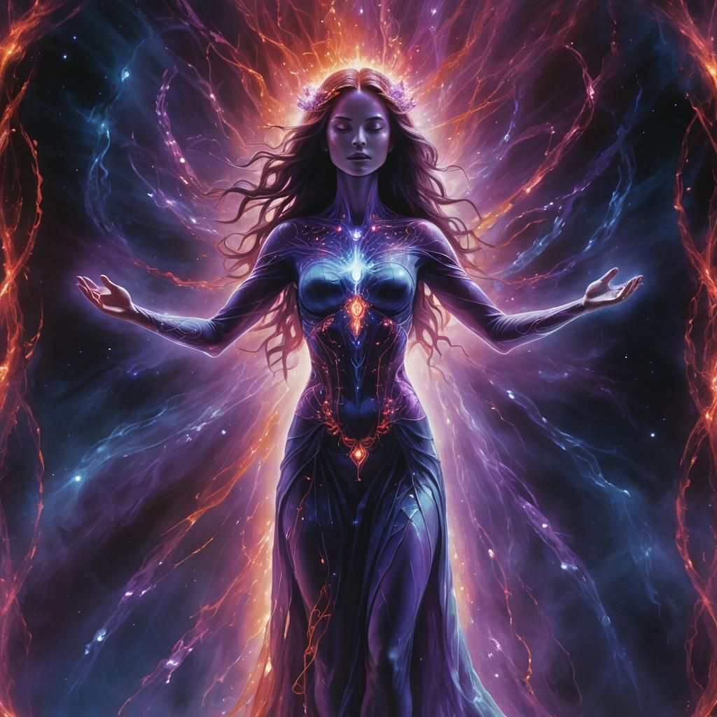 A graceful woman standing with her arms slightly raised, sur...