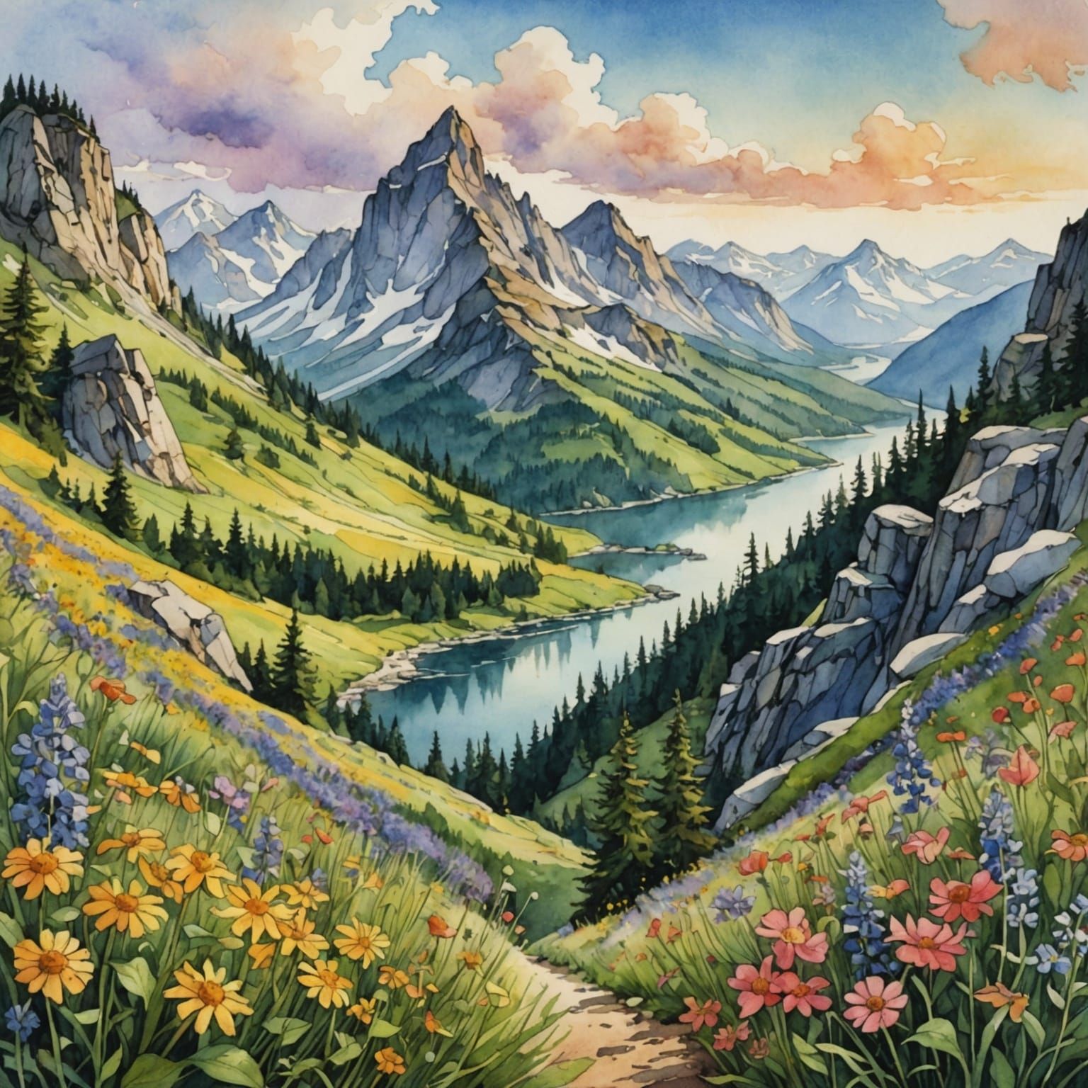 Watercolor Mountain Landscape in Anime Style