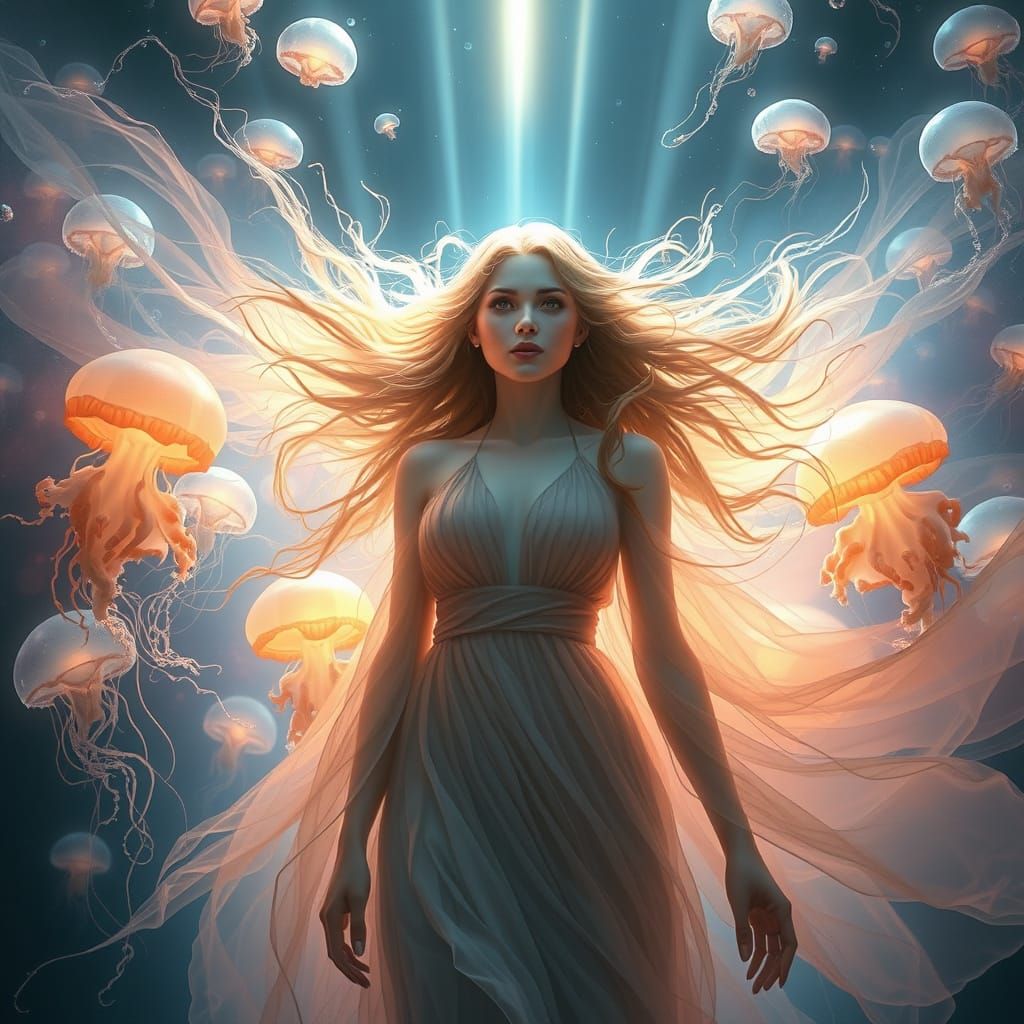 Ethereal Goddess Underwater with Bioluminescent Jellyfish