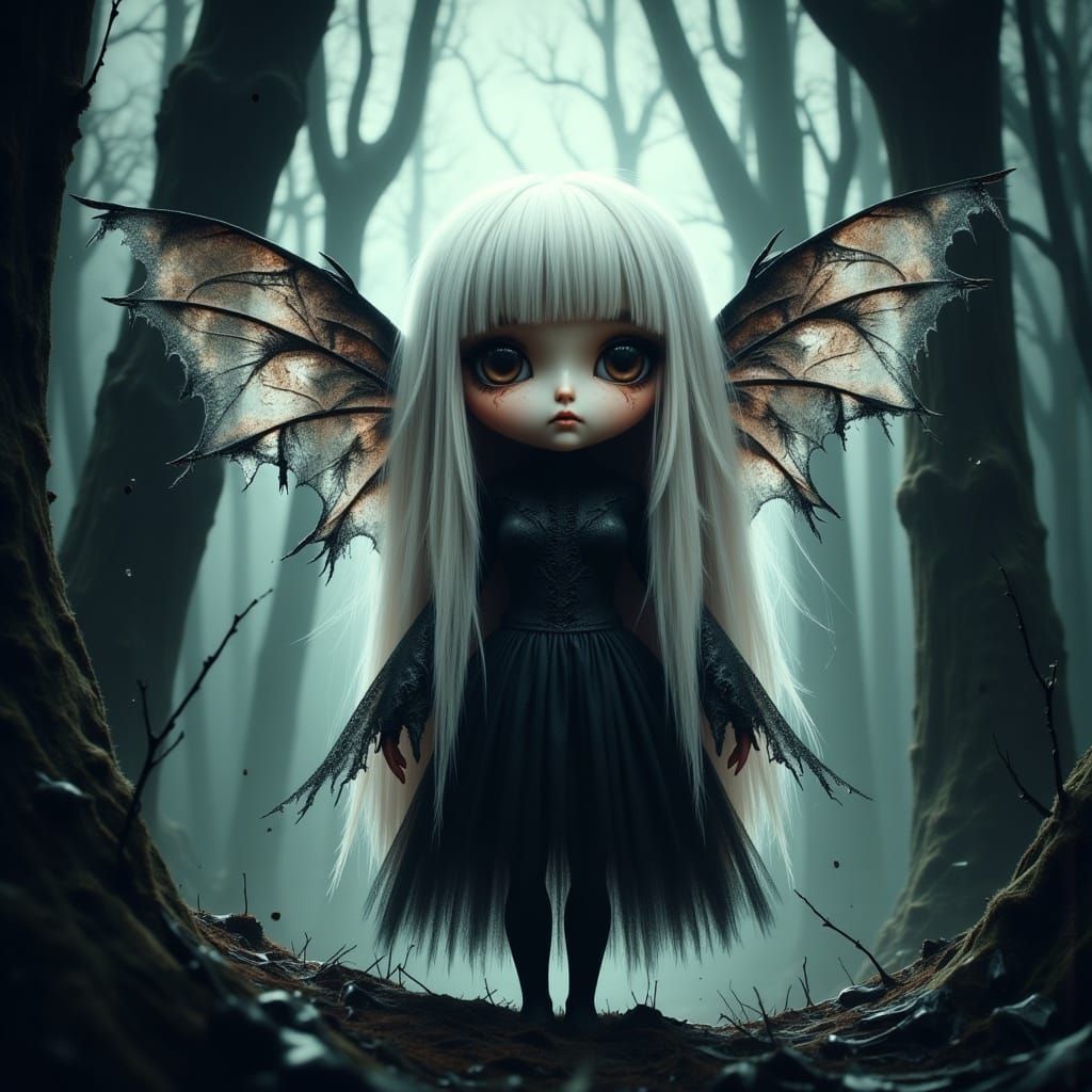 Melancholic Chibi Fairy in Dark Fantasy Landscape