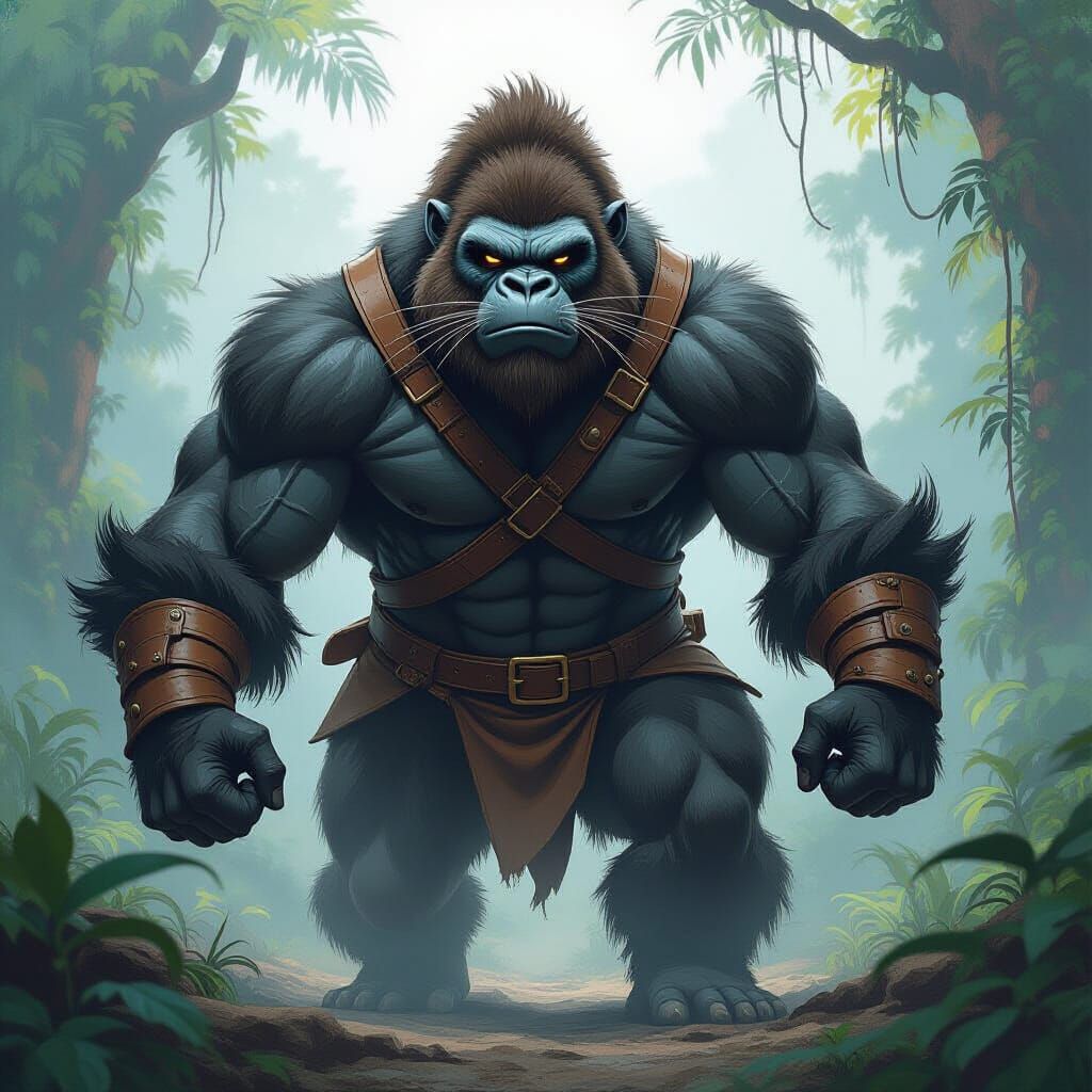 Feline-Gorilla Hybrid in a Vibrant Jungle Scene