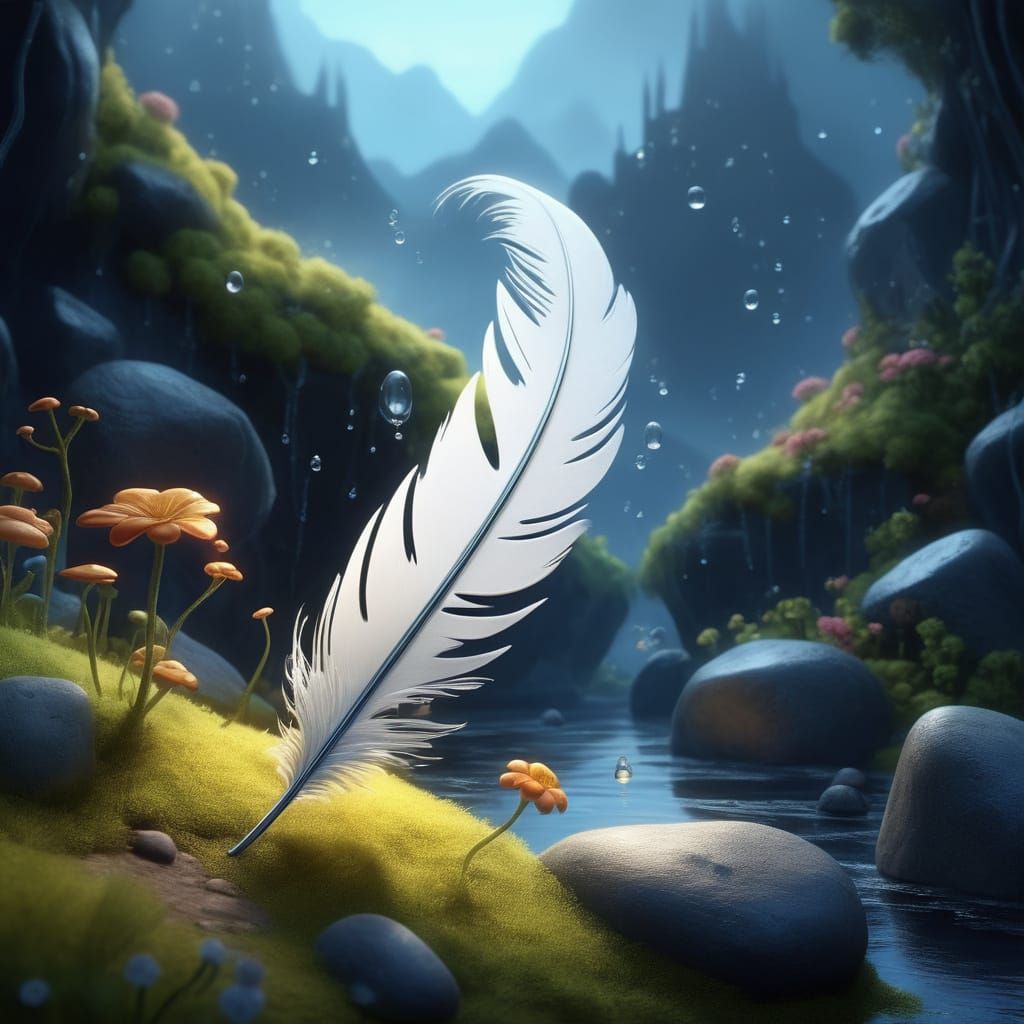 Whimsical Oil Painting of a Transparent Feather Pen in a Fan...