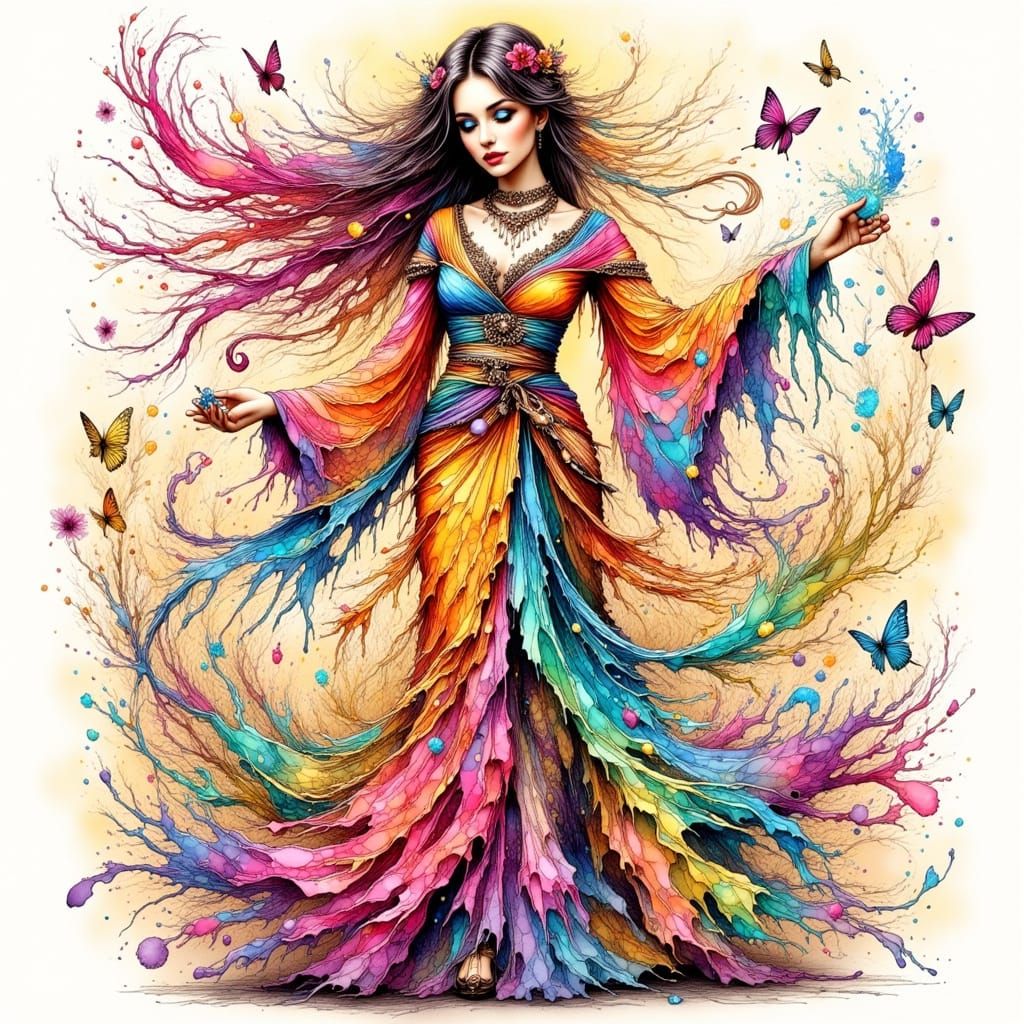 Enchanted Bohemian Woman in Detailed Ink Art