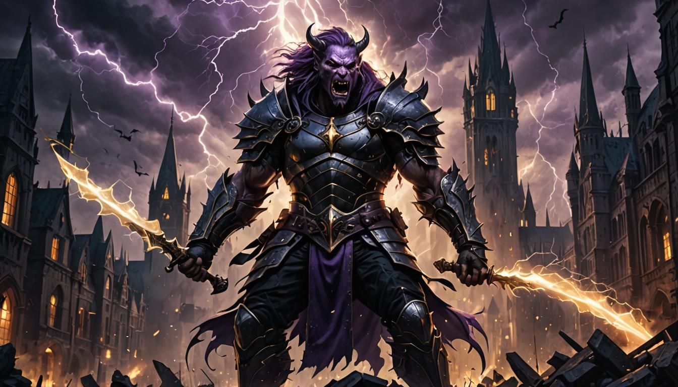 Mythical Warrior's Roar in Dark Gothic City