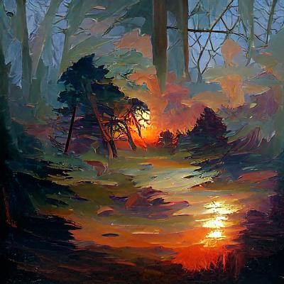 Sunset in Woods, Oil Painting Style
