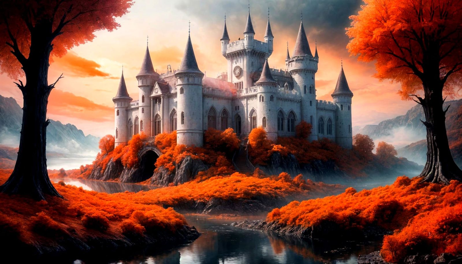 Majestic White Castle in Winsical Sfumato Landscape