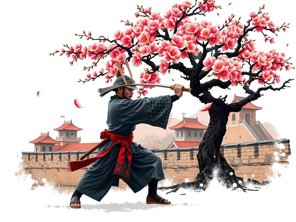 Pixelated Samurai Martial Arts Under Blossom Tree