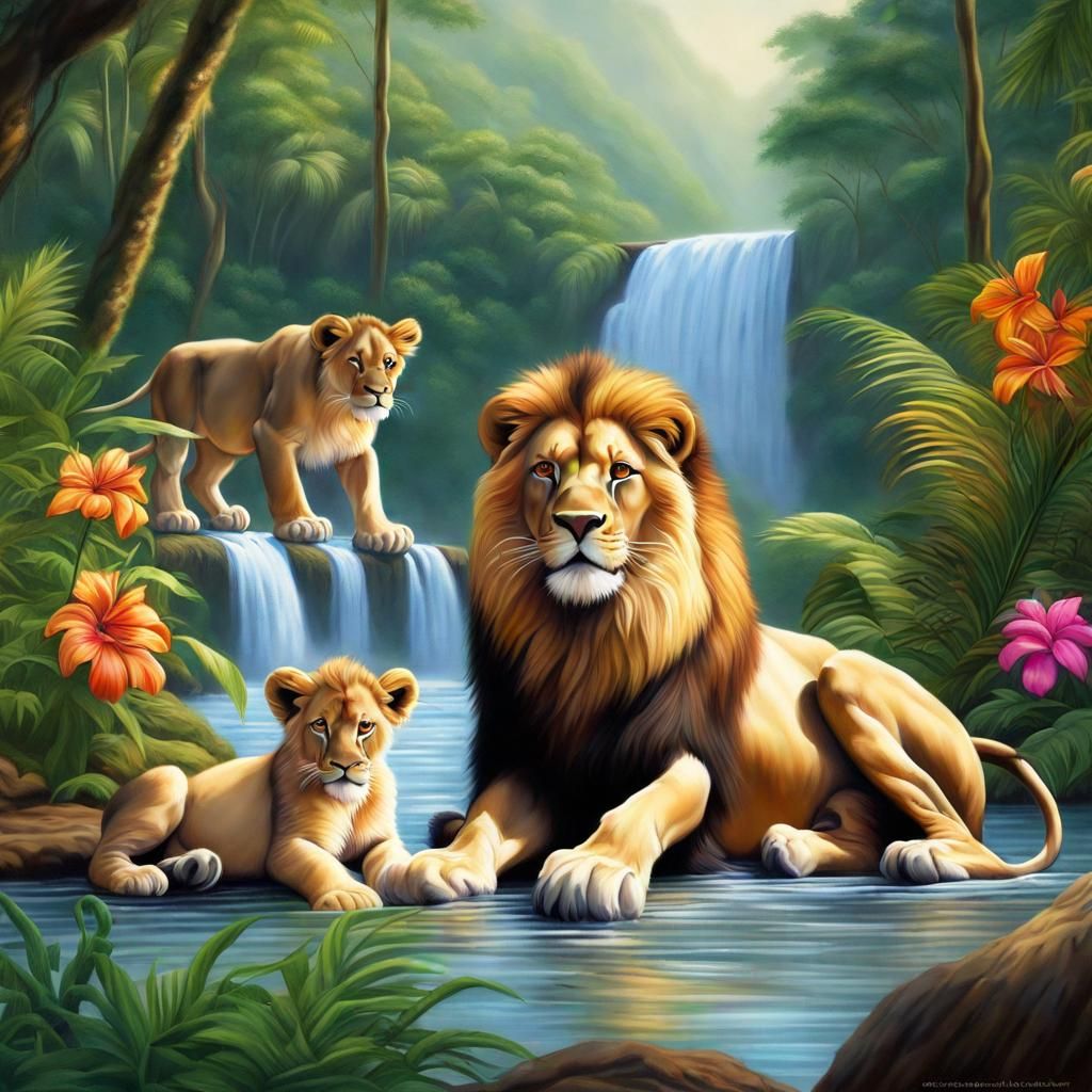 Lion Family at Jungle Waterfall: Airbrush Art