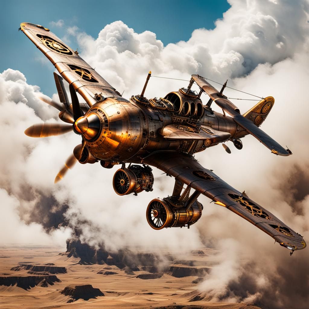 Steampunk Fighter Plane with Steam