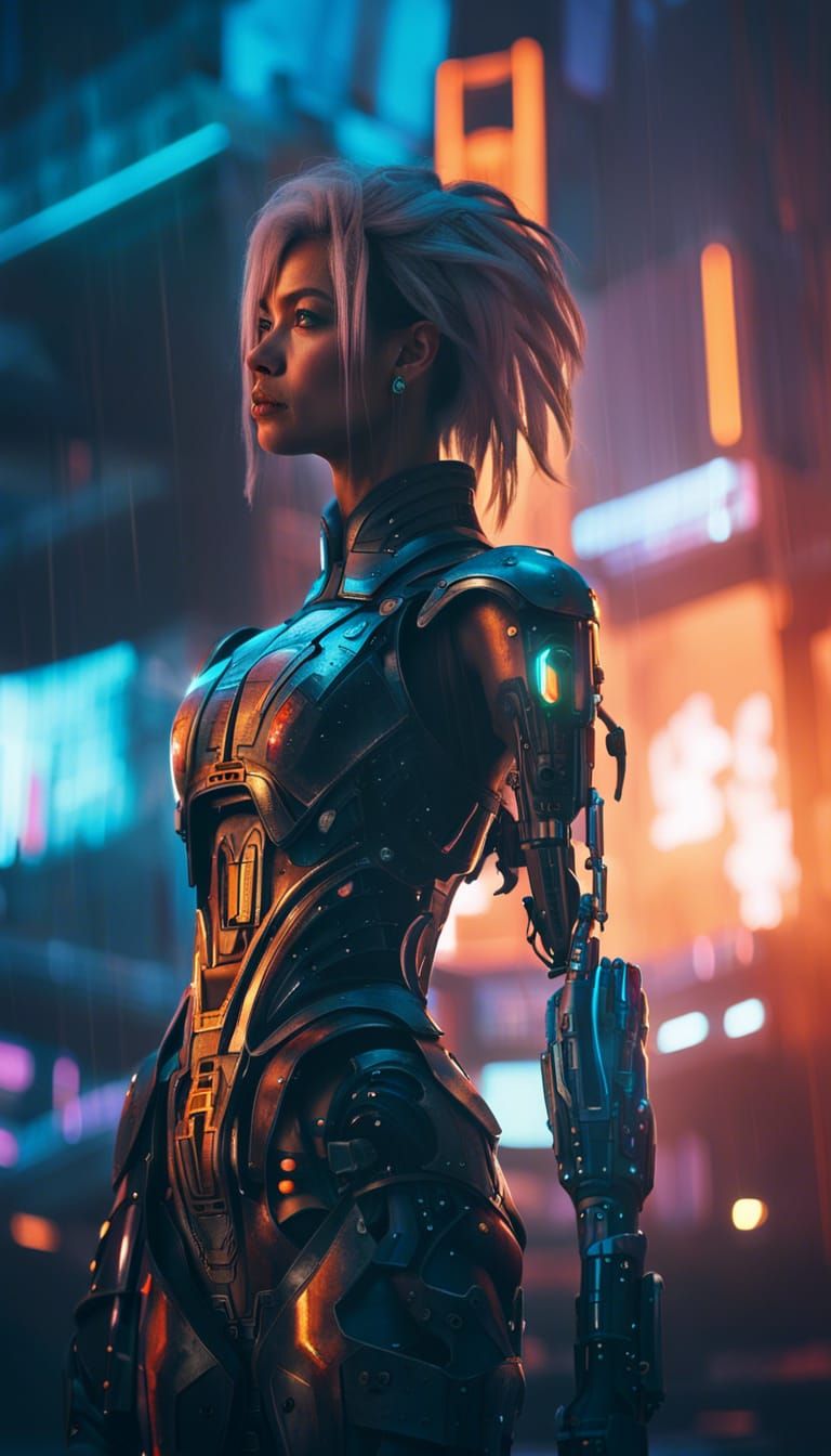 Cyberpunk Woman with Mechanical Arm in Dystopian City