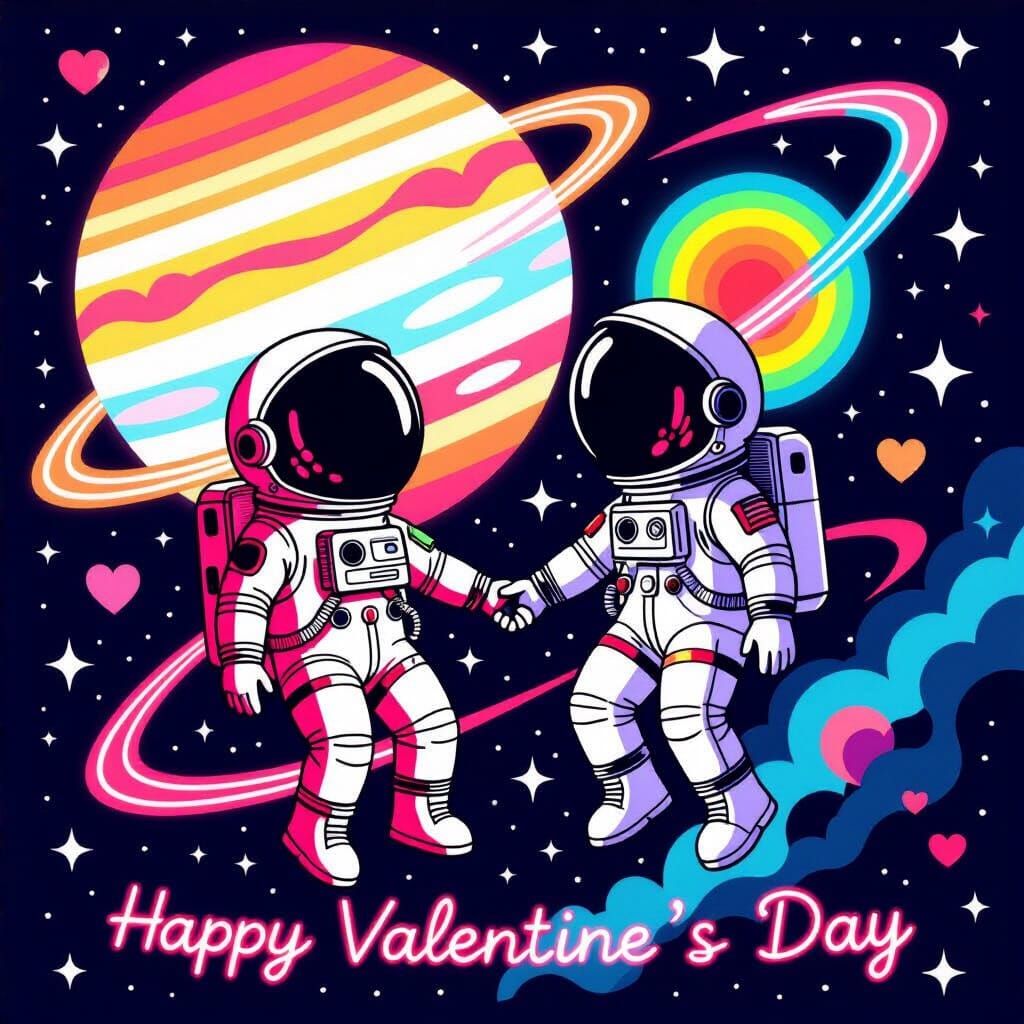 Astronaut Couple Holding Hands in Space, Valentine's Day