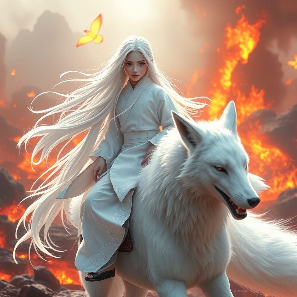Japanese Girl on White Fox in Inferno Battlefield