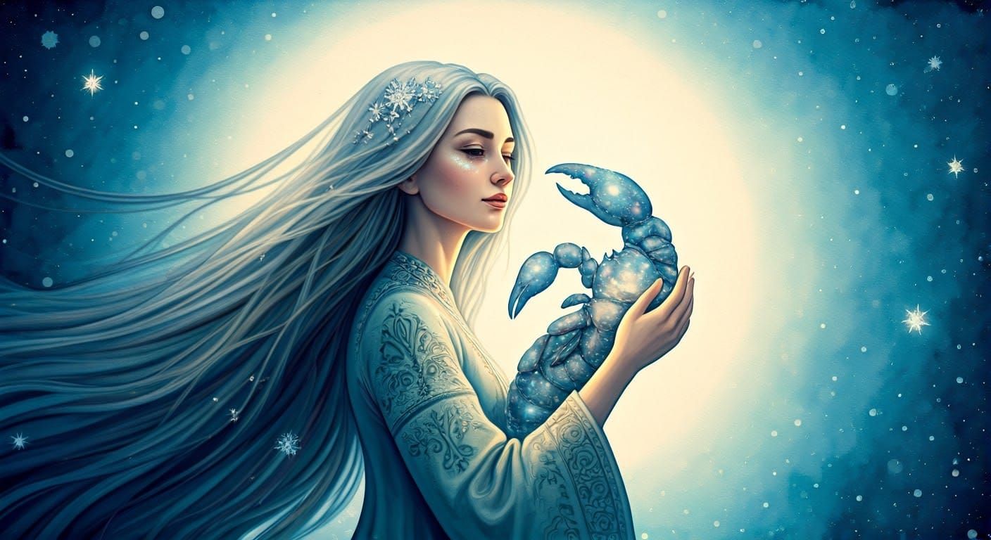 Maiden with Scorpio in Watercolor Dreamscape