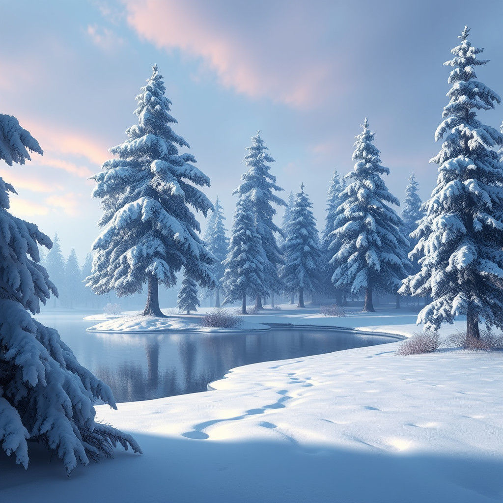 Snowy Lake Pine Trees: A Fantasy Winter Scene