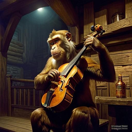 Monkey Bard Plays Fiddle in Rustic Tavern