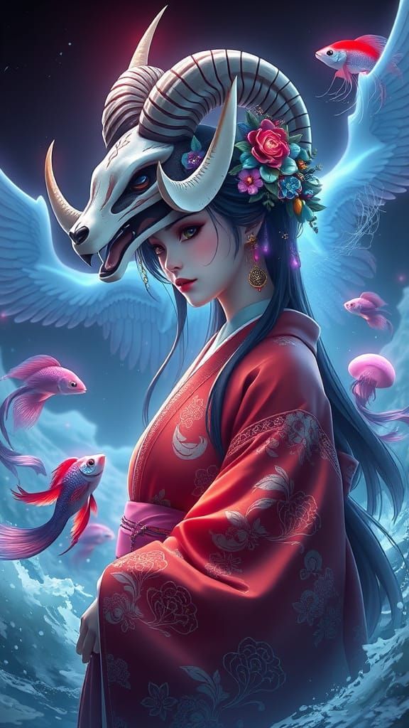 Goddess with Kitsune Mask in Bioluminescent Plasma