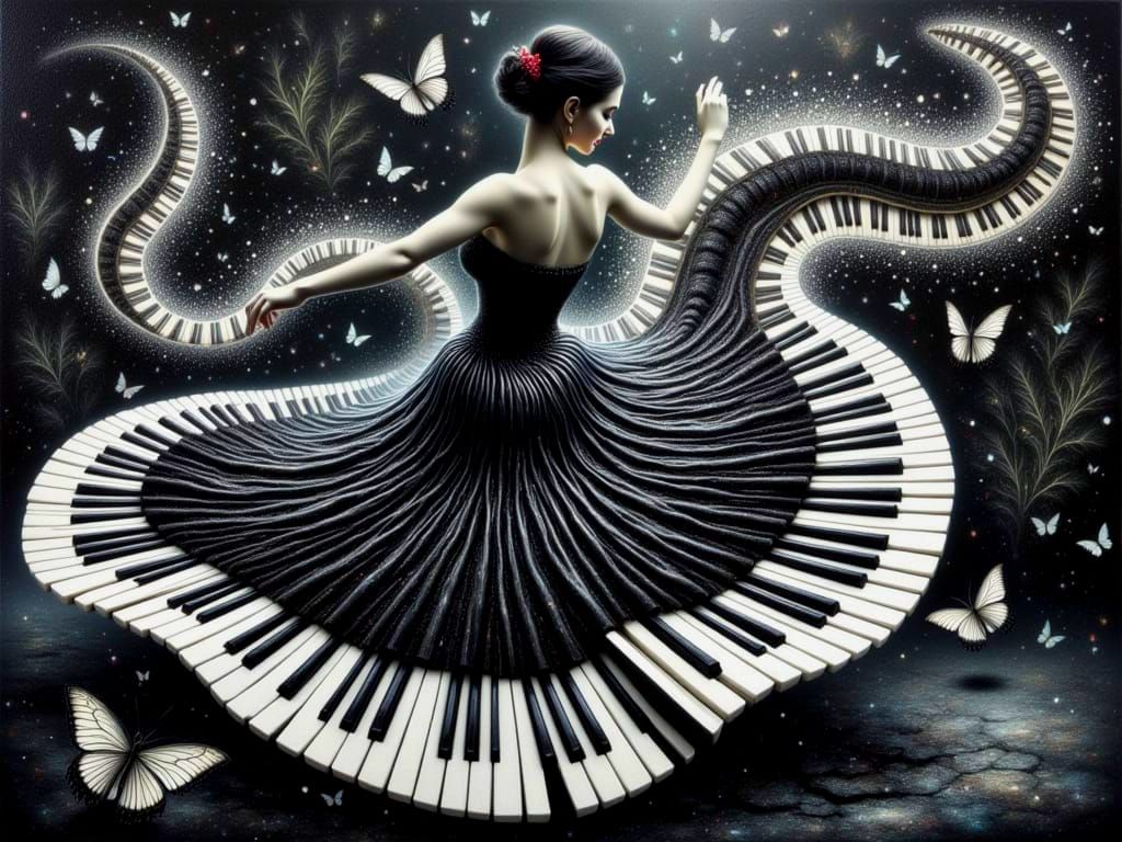 Surreal Impasto Painting of Flamenco Dancer with Piano Keys
