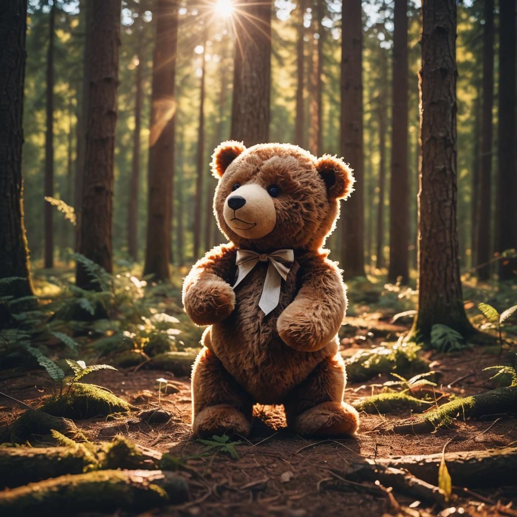 Teddy Bear Gazes at Real Bear in Forest